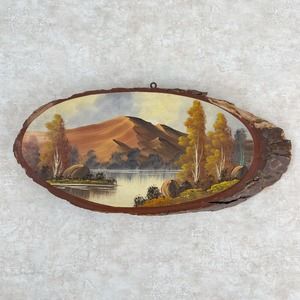 Vintage Oil Painting on Wood Slice Landscape Live Edge Slab Farmhouse Southwest